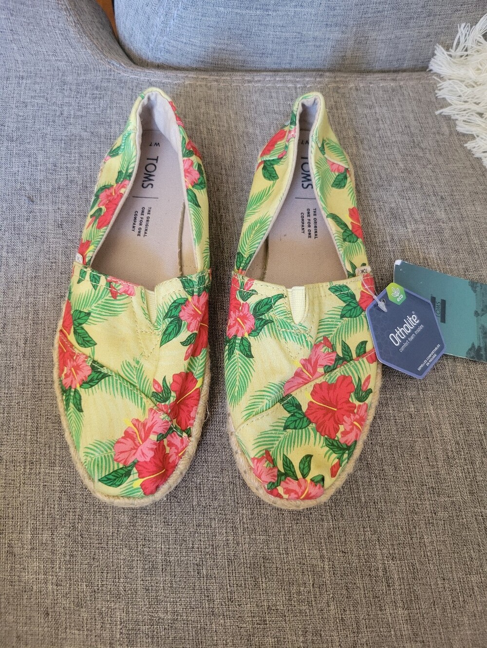 TOMS Yellow Floral Canvas Slip-On Espadrilles with Pink Hibiscus